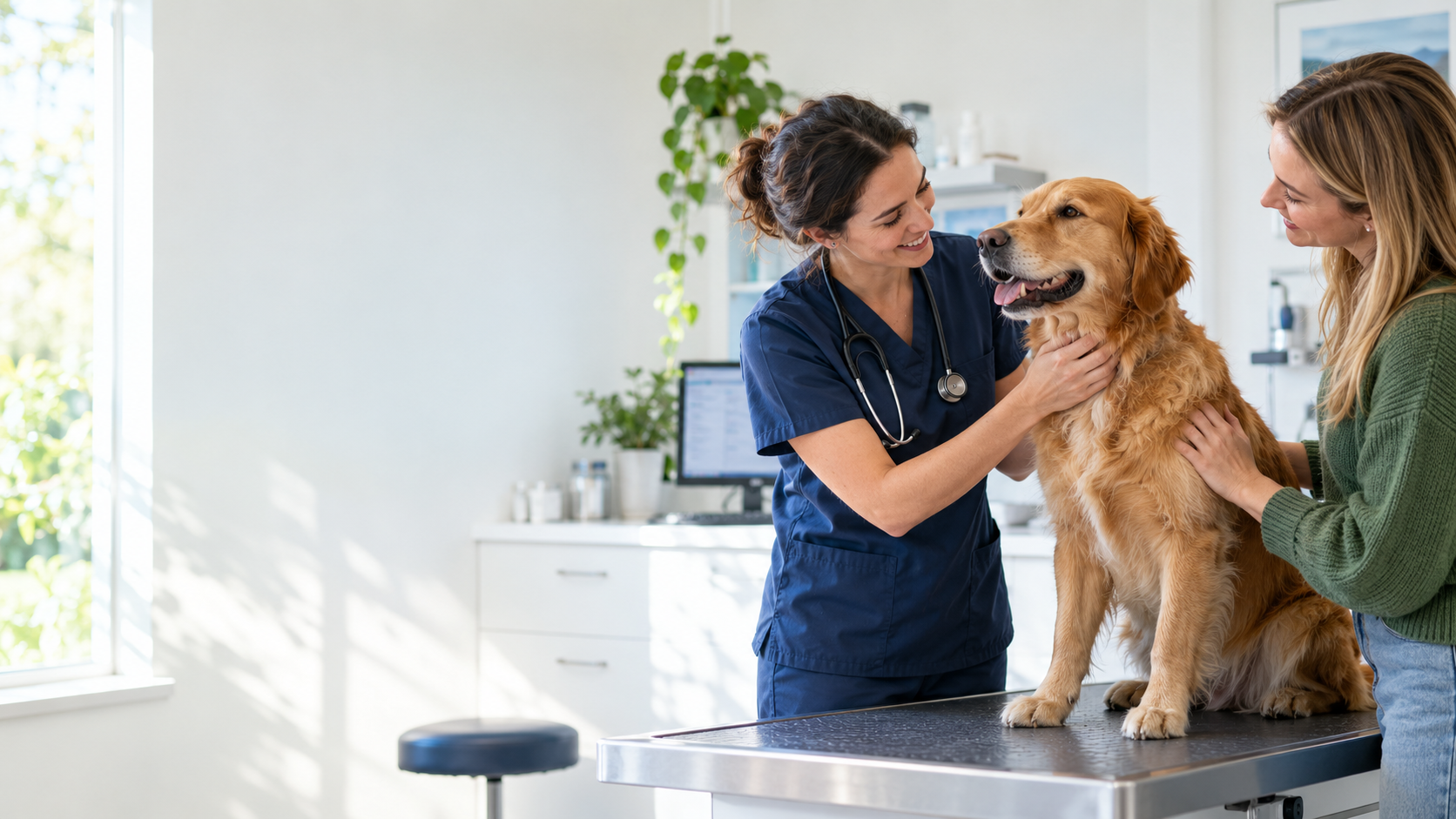 A veterinarian caring for a dog with its owner